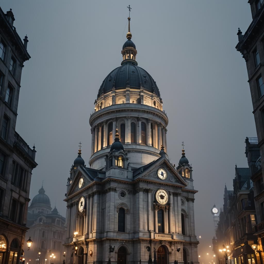 Steampunk Cathedral Dominated Victorian Capital at Night
