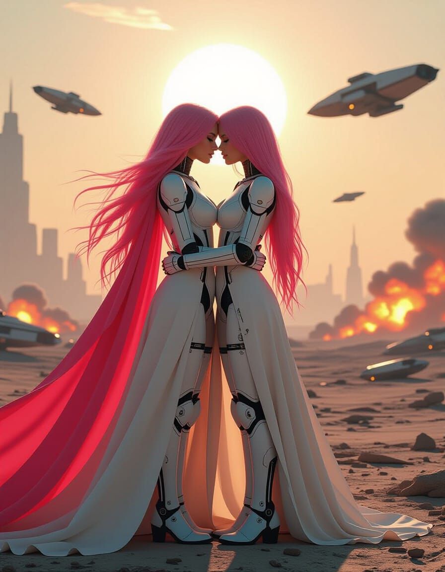 Cybernetic Women Embrace in Dystopian Landscape
