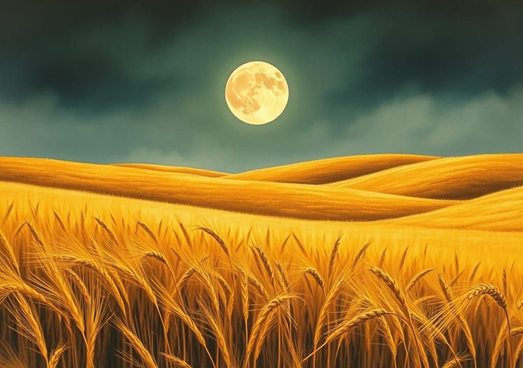 Wheat Field Full Moon in Expressive Ink Painting Style
