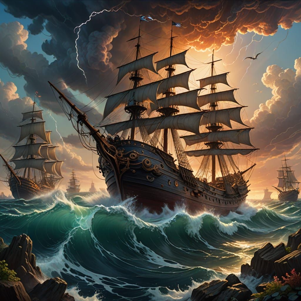 Kraken Rising from Sunken City: Hyperrealistic Oil Painting