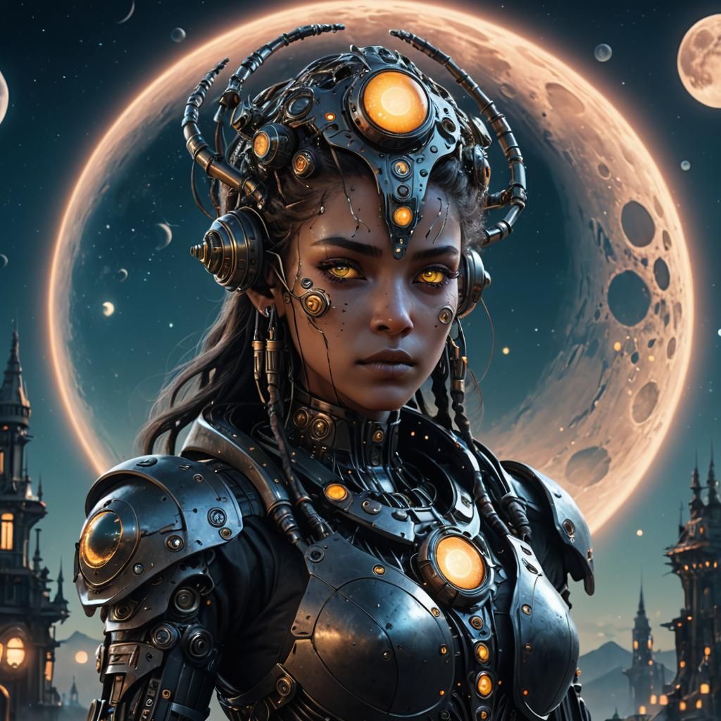 Ethereal Biopunk Character in Celestial Landscape