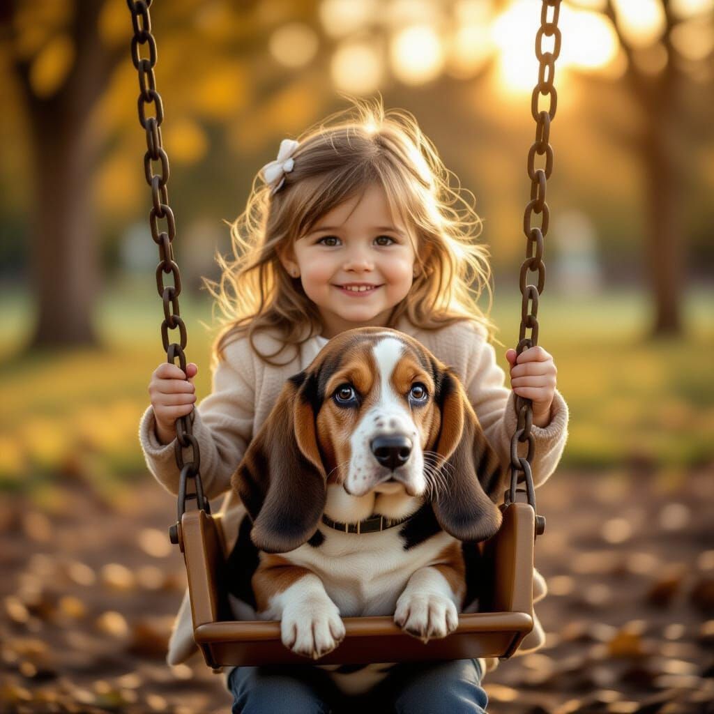 Girl Pushes Basset Hound in Park Swing