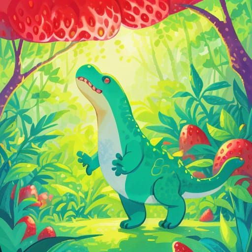 Whimsical Strawberry Dinosaur in Lush Forest