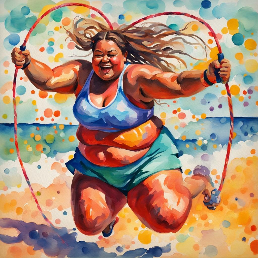 Fat girl in bikini jumping rope.