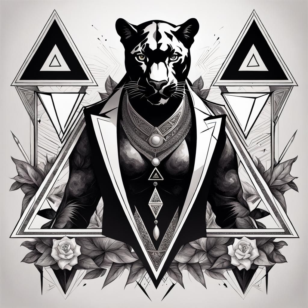 Panther and Triangle Tarot Card in Engraving Style