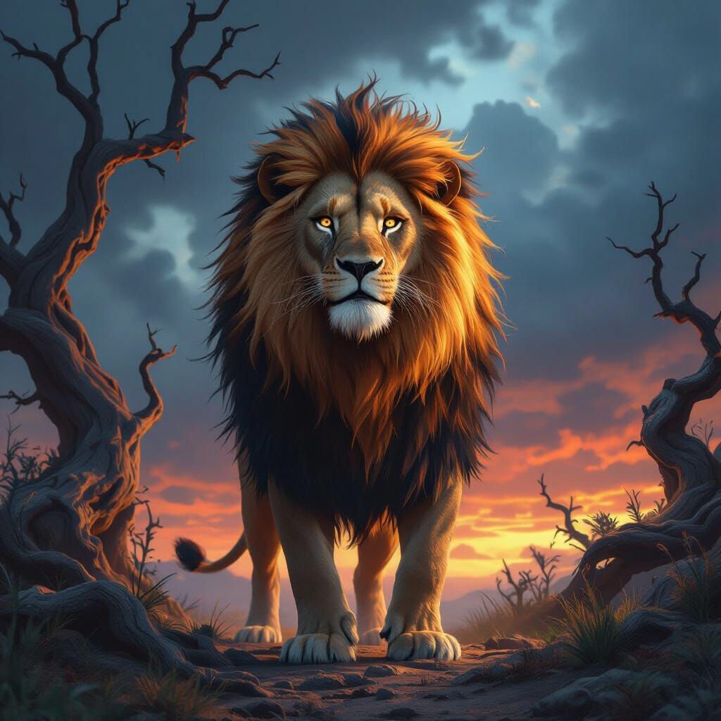 Majestic Lion in Fiery Halo Matte Painting