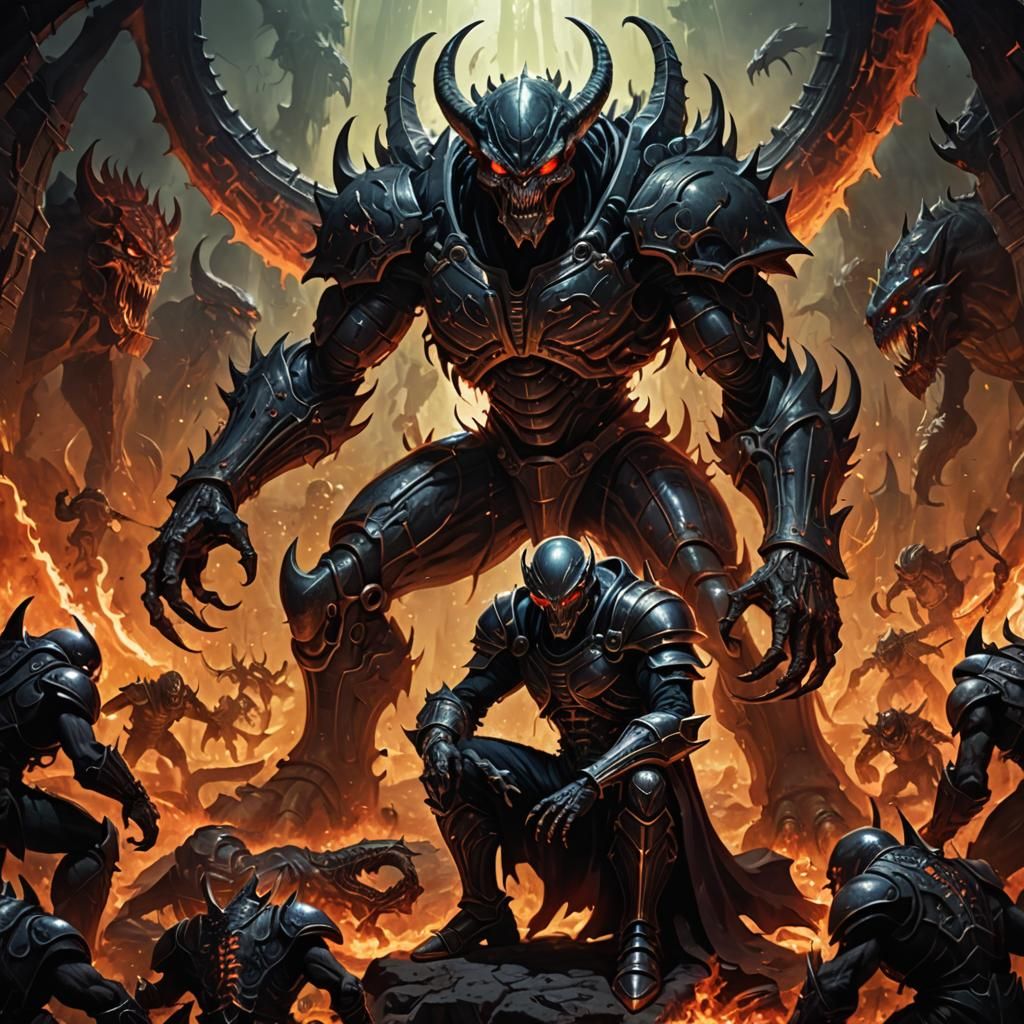 Alien Demon Kneels Before Demon Knight in Hell