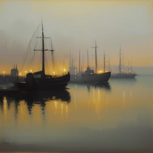 Tonalist Harbor Painting in Warm Light