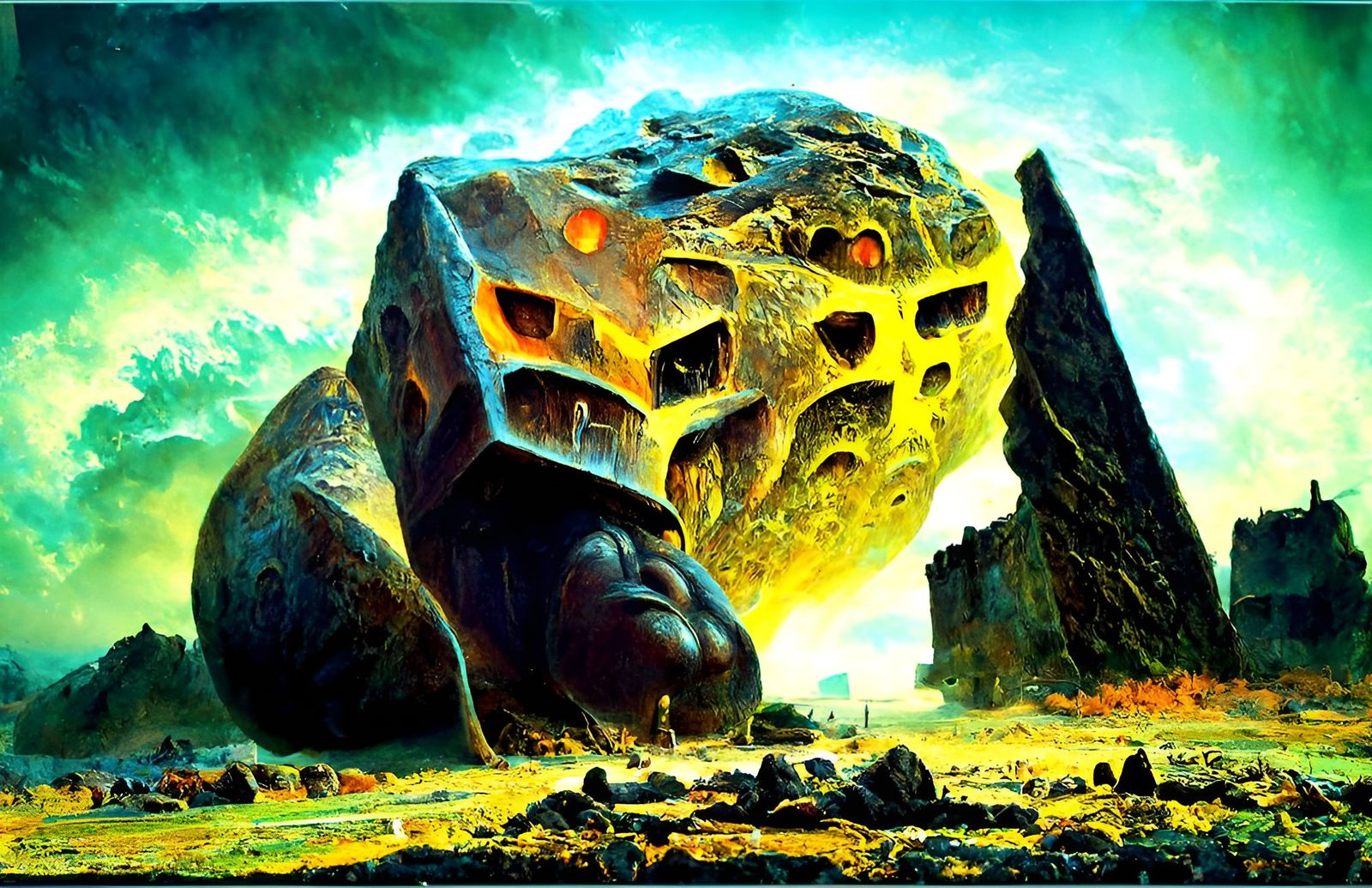 Craggy Stone Golem in Volcanic Landscape