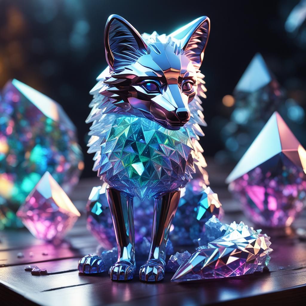 Iridescent Crystal Fox Still Life in Vaporwave Style