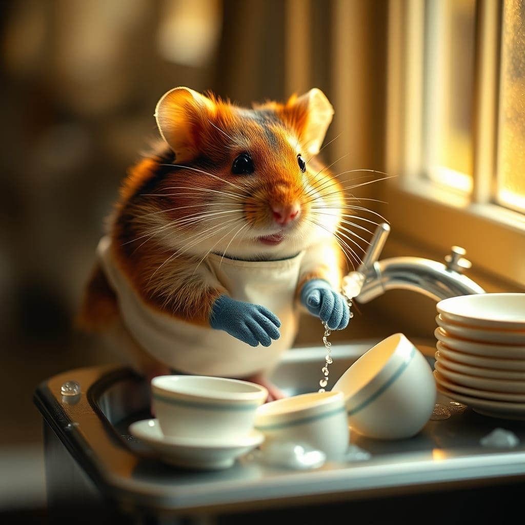 Hamster Washing Dishes: Professional Photography with Bokeh
