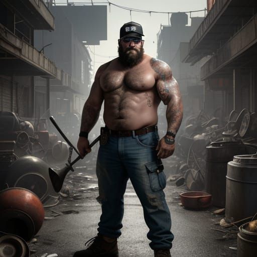 Stocky Muscular Man in Junkyard with Hammer