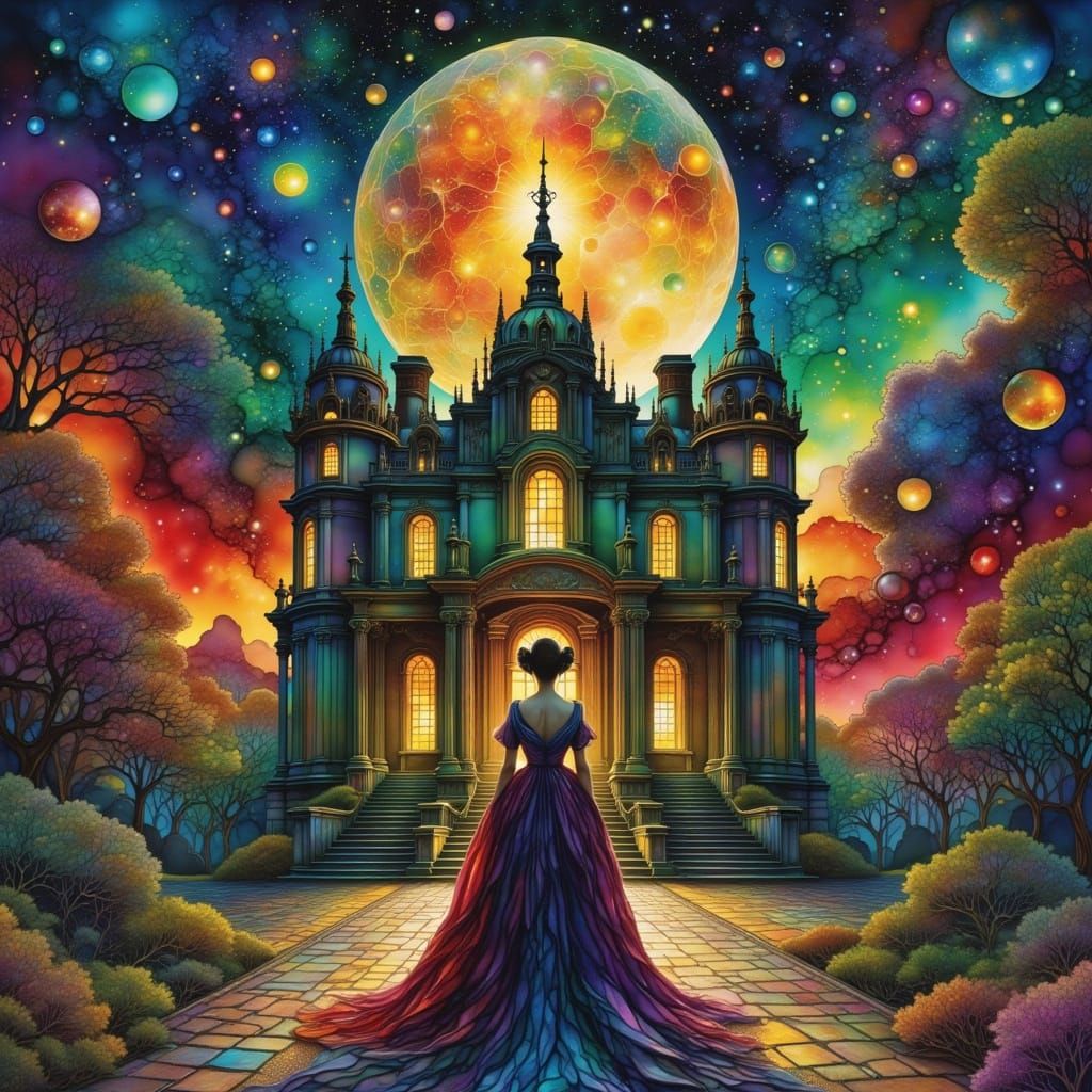 Majestic Queen Before Decaying Mansion Under Alien Sky