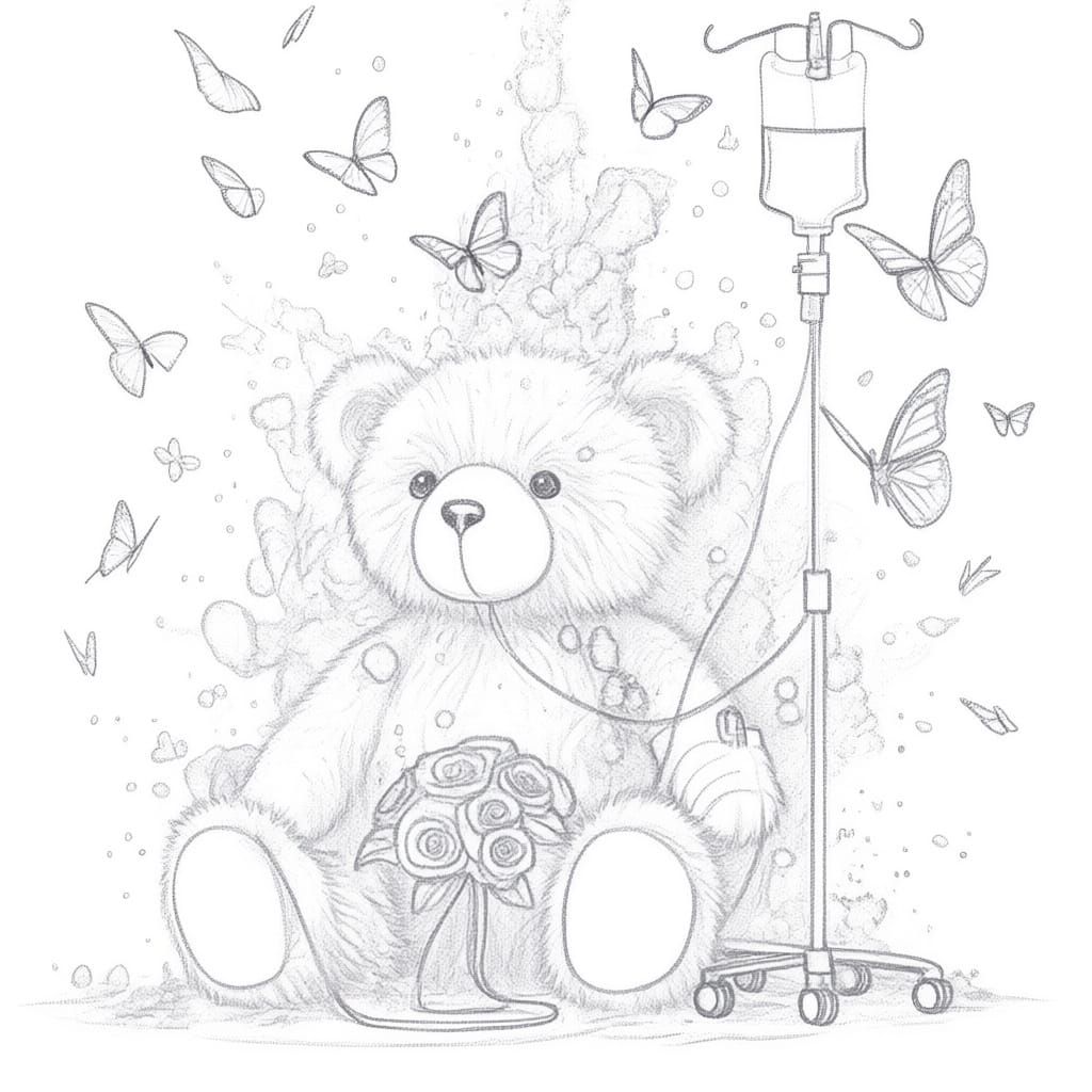 Teddy Bear with IV Drip Stand and Butterflies, Hyper-Realist...
