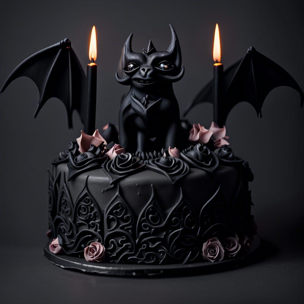 Black Goth Cake with Gargoyles and Candles