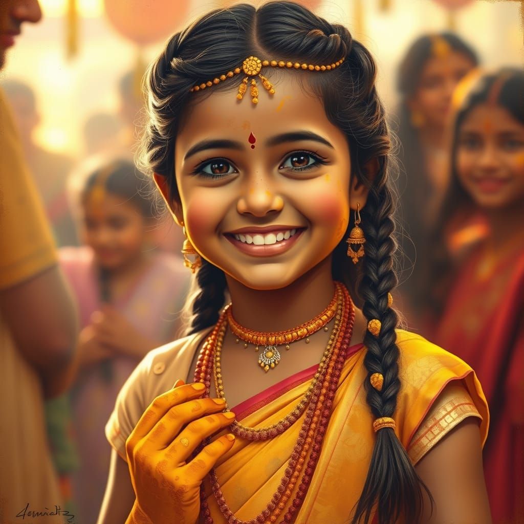 Girl in Traditional Haldi Celebration, Indian Realism Style