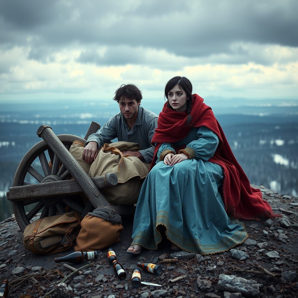 Exhausted Travelers in Wintertime Landscape