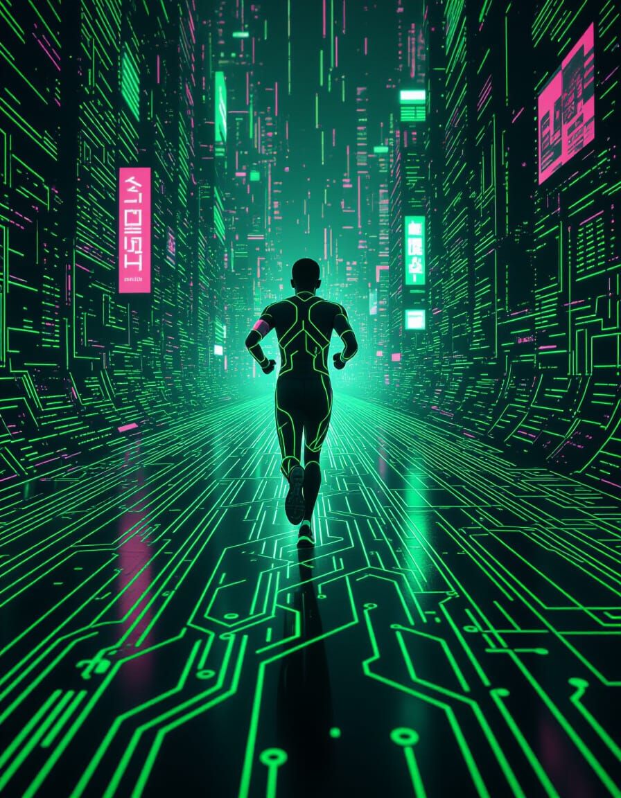 Runner on Neon Circuit Board in Cyber-Noir Style