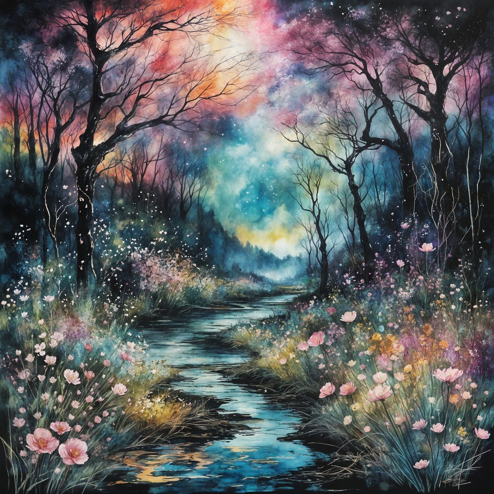 Ethereal Forest Meadow with Sunset, Watercolor Style