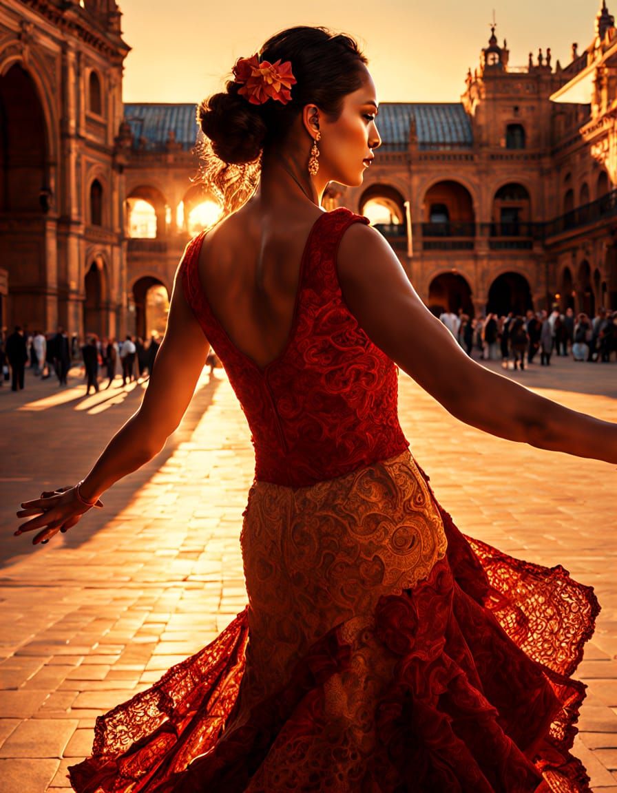 Flamenco Dancer in Vibrant Red on Grand Plaza de España