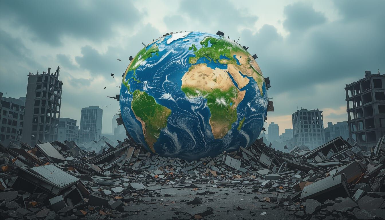 Planet Earth Covered in Rubble: Hyperrealistic Destruction