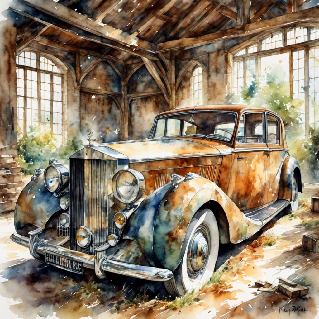 Rusty Rolls Royce in Abandoned Barn: Gouache Watercolor