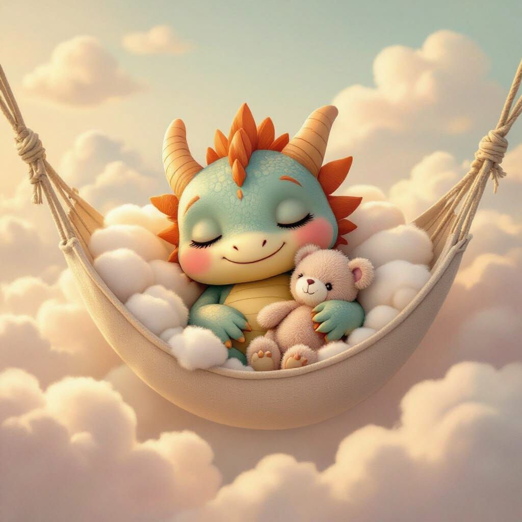 Sleeping Dragon in Hammock with Toy, Pastel Colors