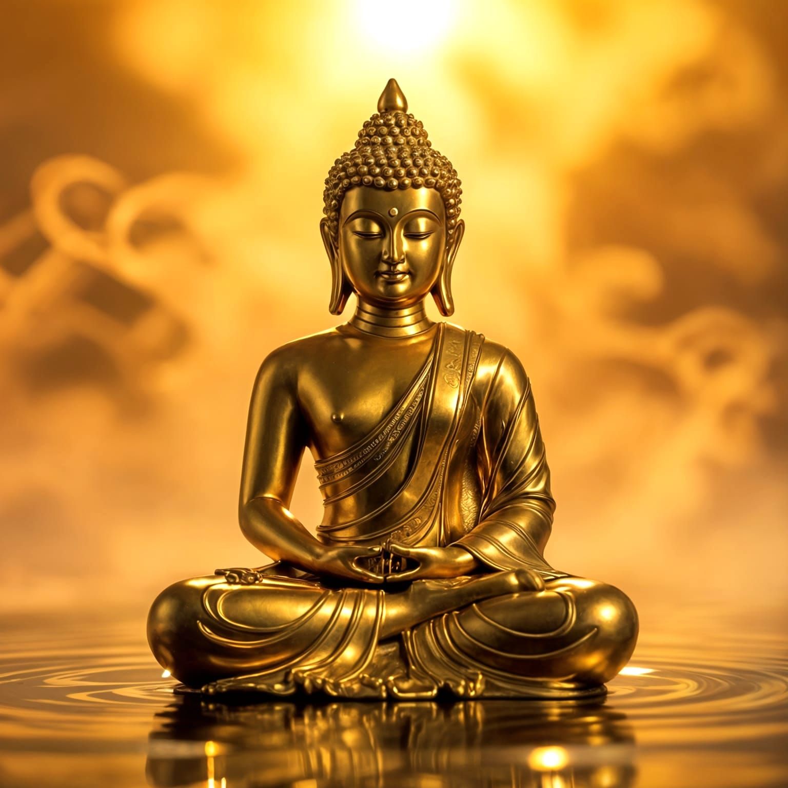 Minimalist Golden Buddha Statue in Ethereal Glow