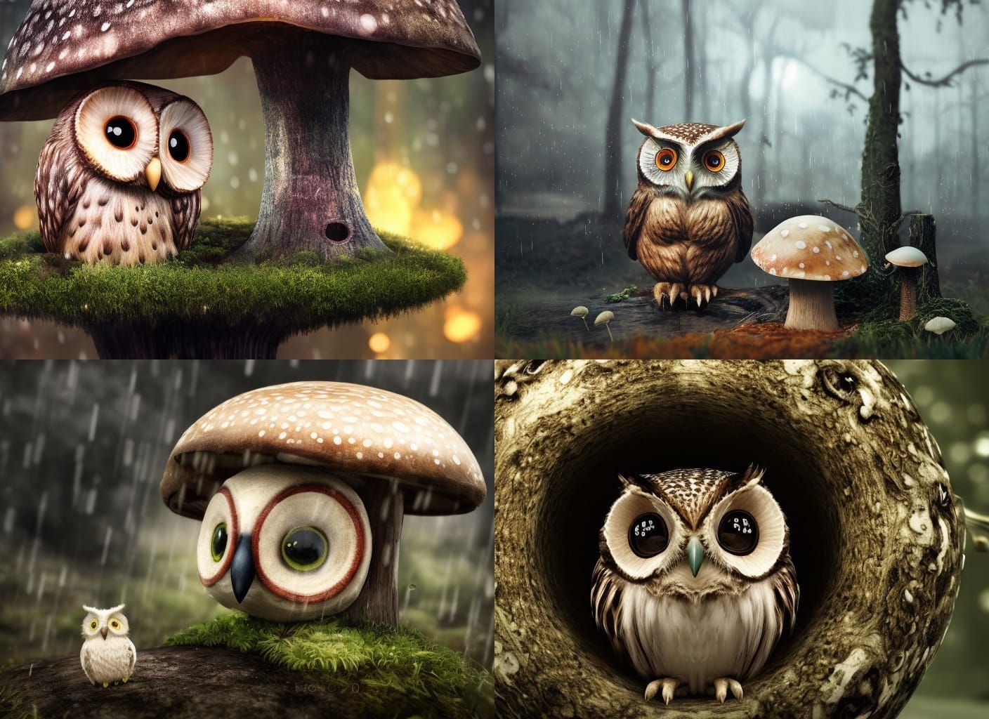 Owl Sheltering Under Mushroom in Rain, Photorealistic Render