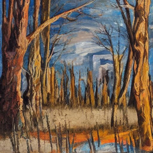 Powerful Figure in Apocalyptic Expressionist Landscape