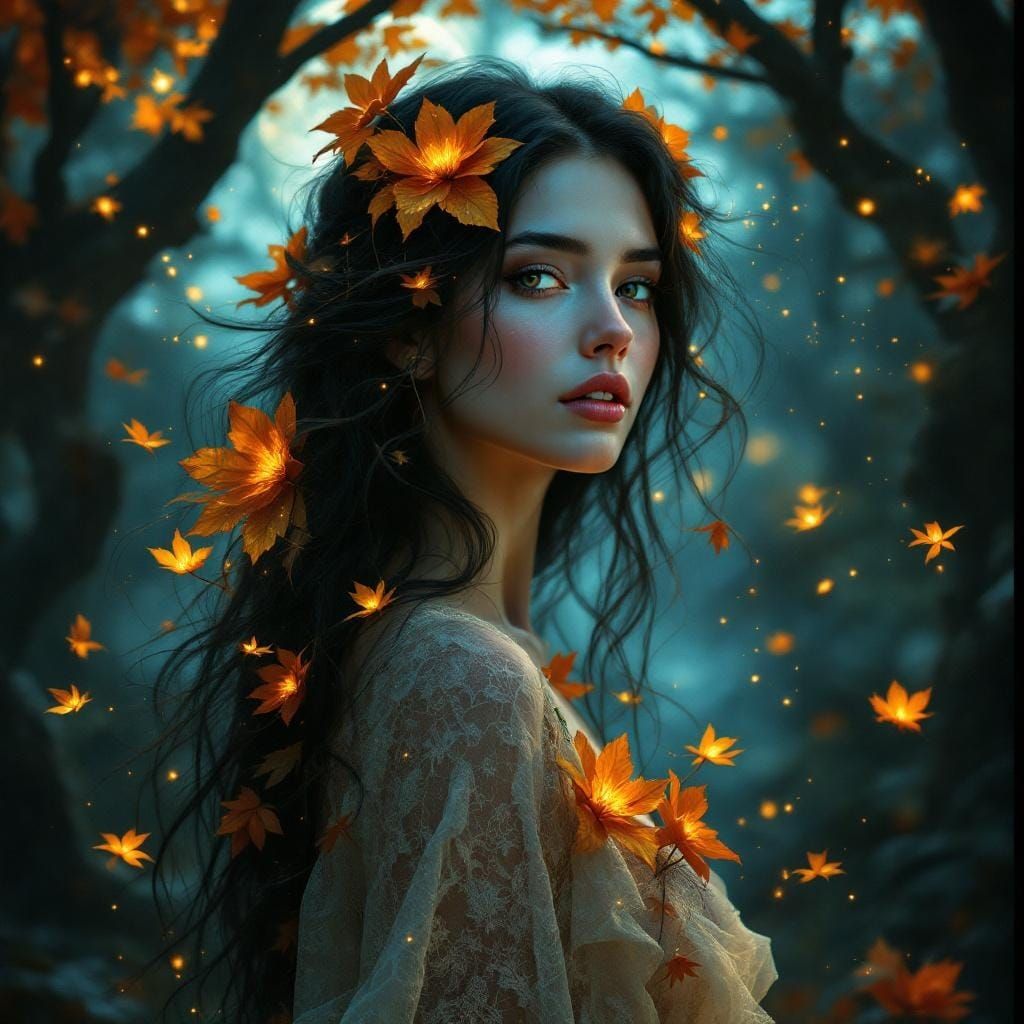 Ethereal Forest Goddess with Autumn Foliage and Cosmos