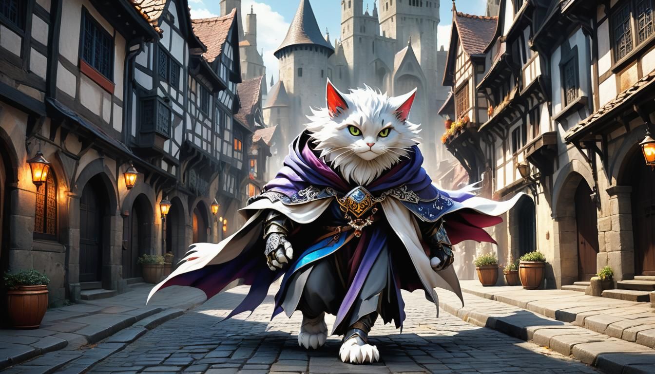 Anime Cat Sorcerer in Medieval Town