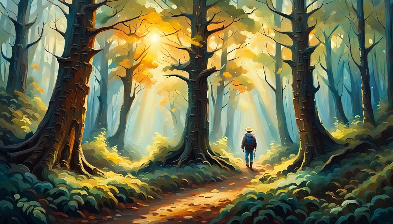 Mystical Forest Traveler in Impressionist Oil Painting