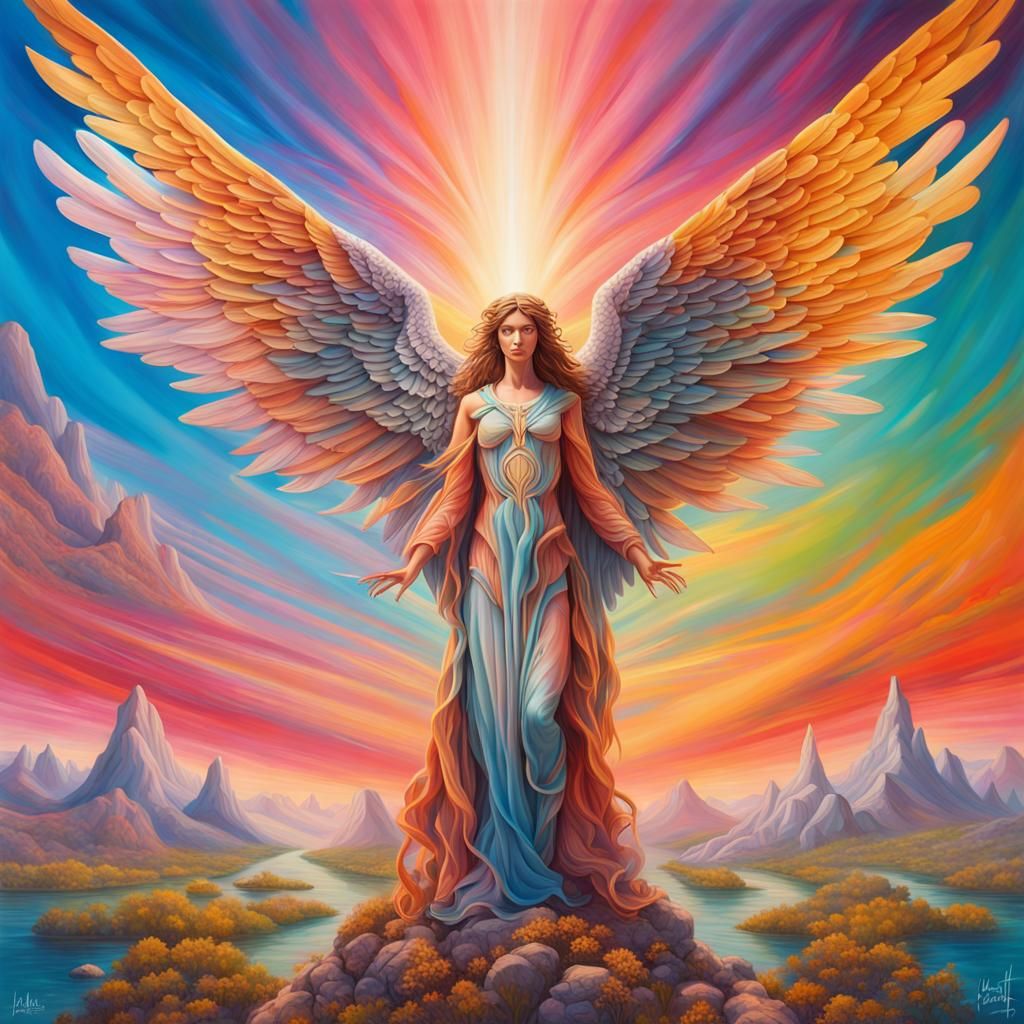 Archangel in Surreal Vibrant Landscape