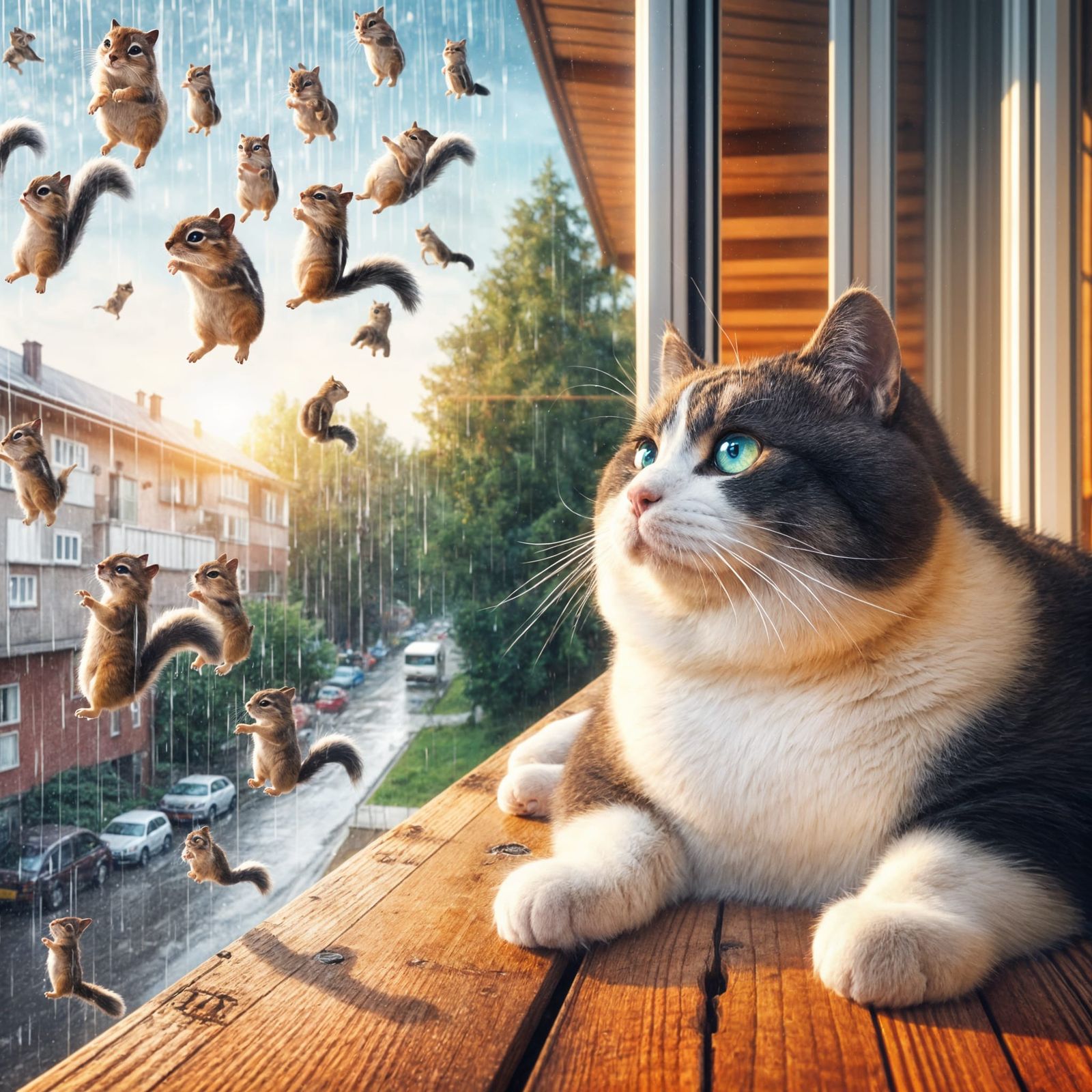 Snowshoe Cat Watches Chipmunk Rain, Hyperrealistic 8k