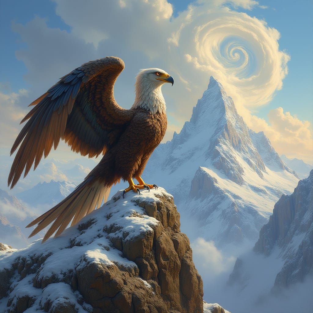 Griffin on Mountain Peak: Classical Oil Painting