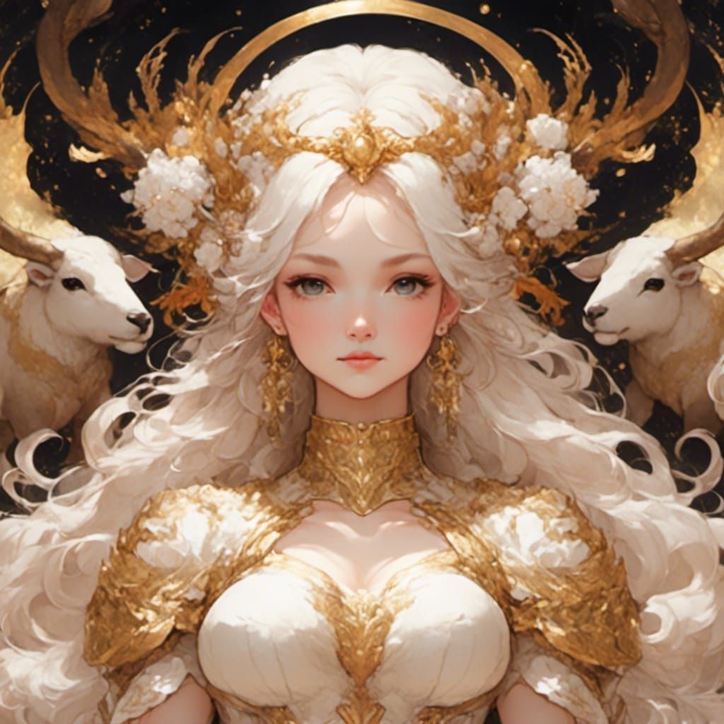 Aries Goddess Leads Celestial Ram in Anime Style