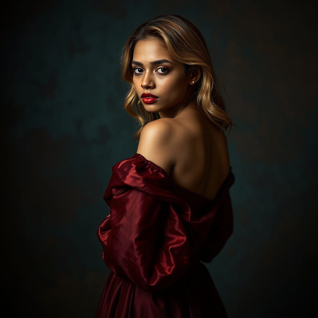 Woman in Burgundy Silk Gown, Moody Studio Portrait