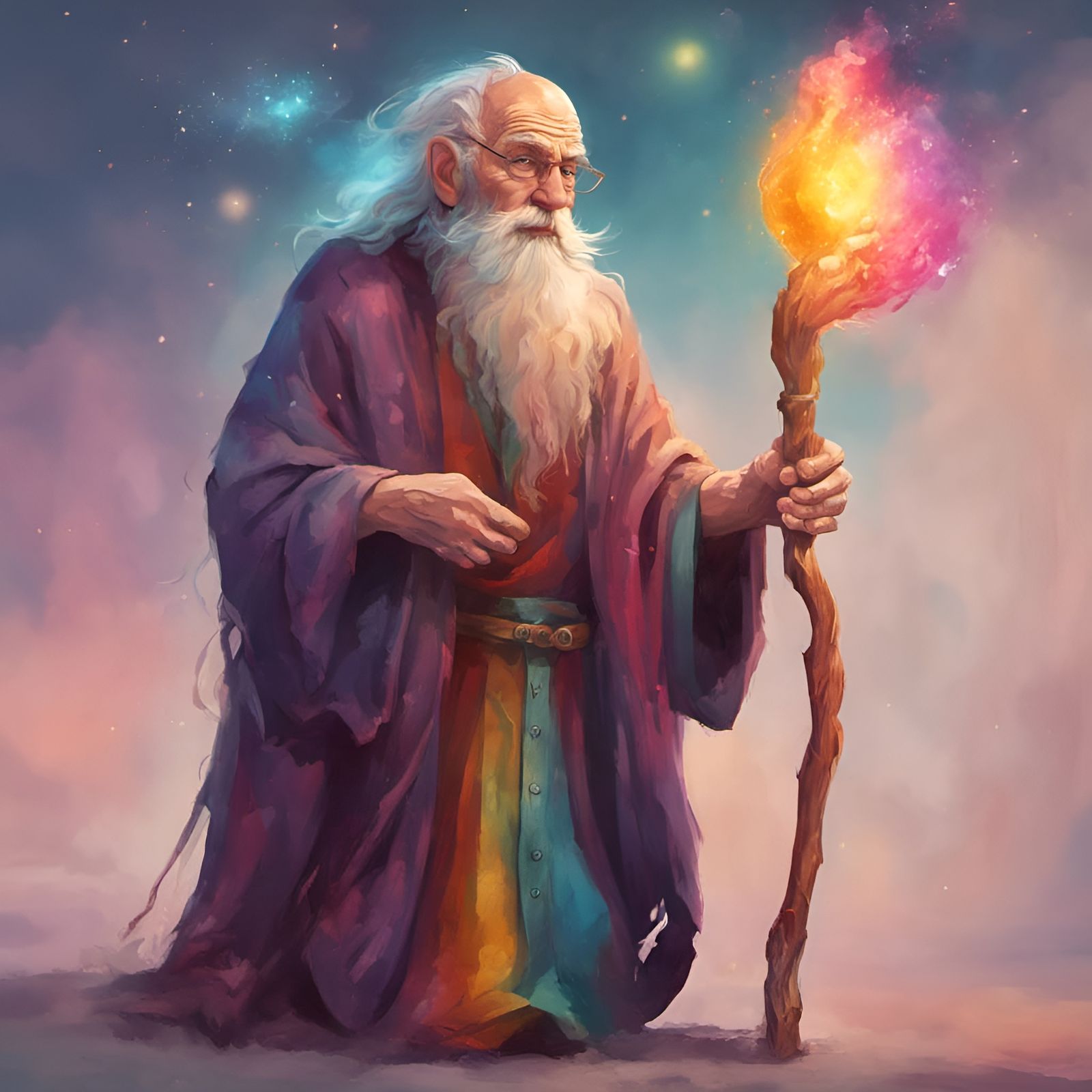 Magical Old Wizard with Crystal Staff in Anime Style