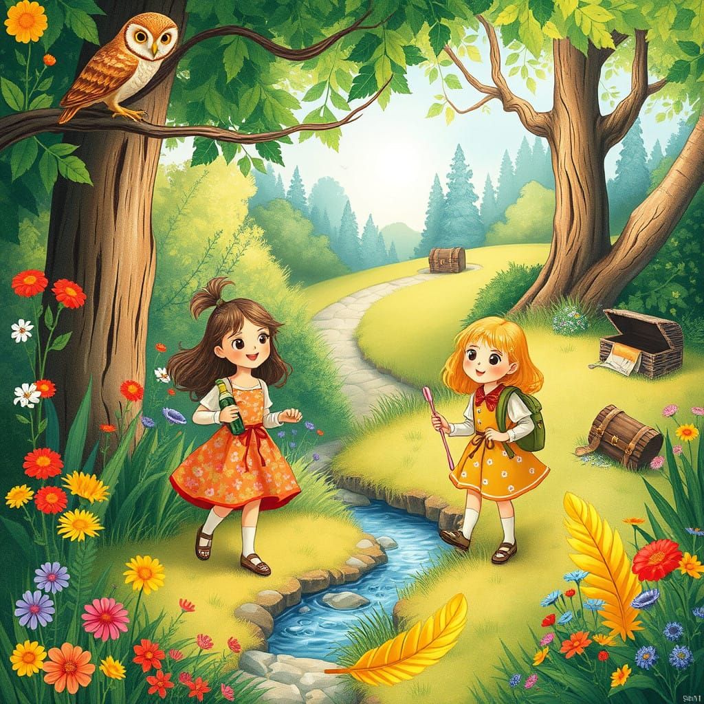 Whimsical Sisters' Garden Adventure in a Vibrant Summer Scen...