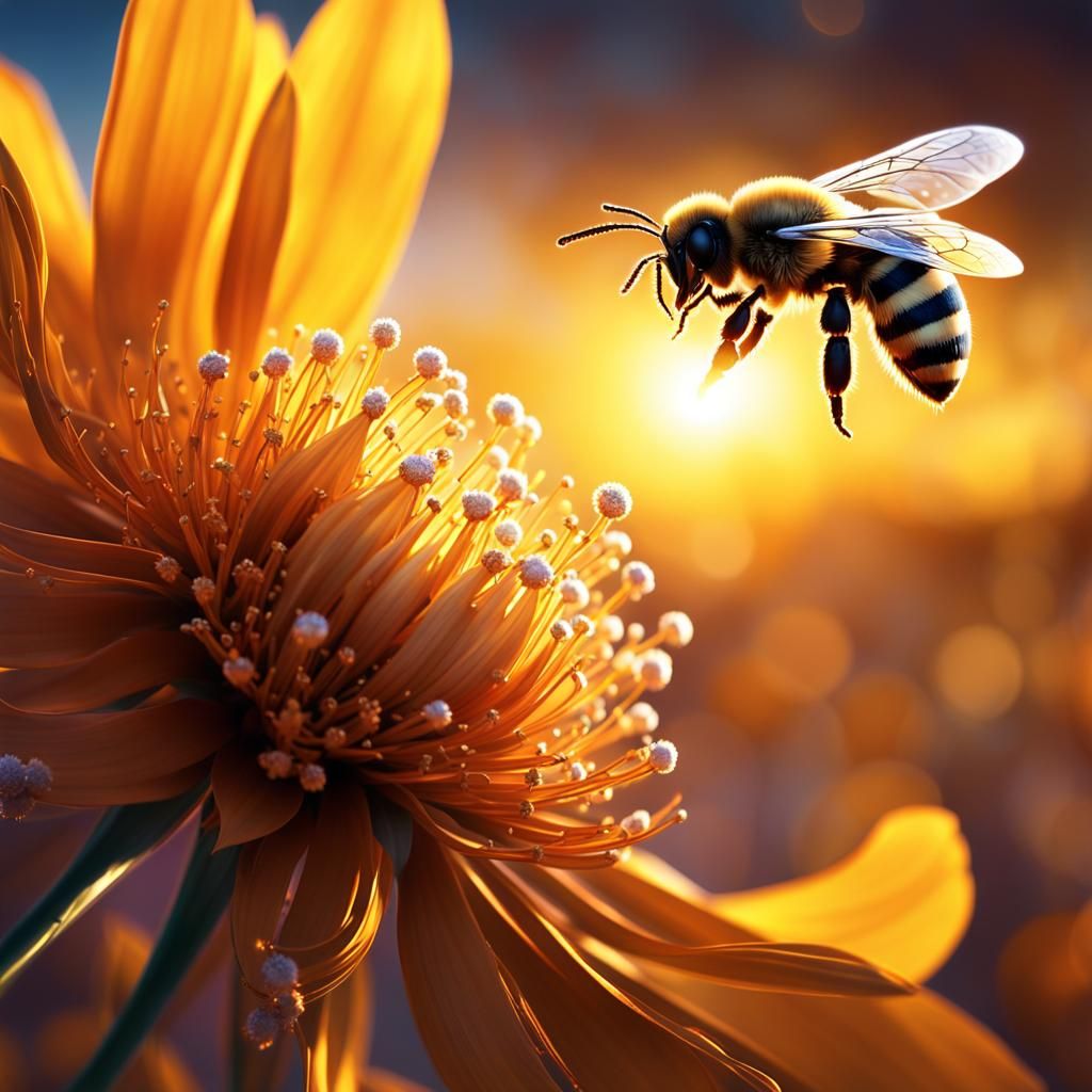 Luminous Double Exposure Bee on Flower in Golden Sunset
