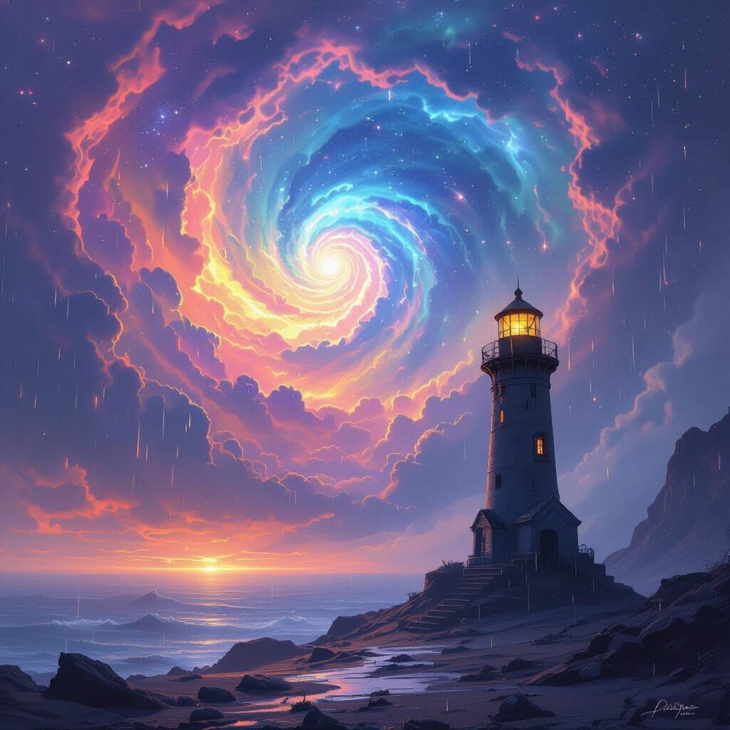 Lighthouse on Alien Planet Under Swirling Nebula