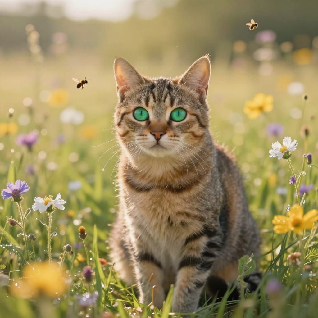 Whimsical Tabby Cat in Sun-Drenched Wildflower Meadow