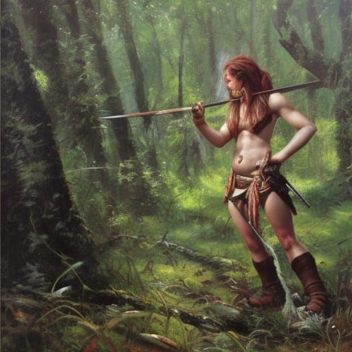 Savage Female Barbarian in Overgrown Forest Painting