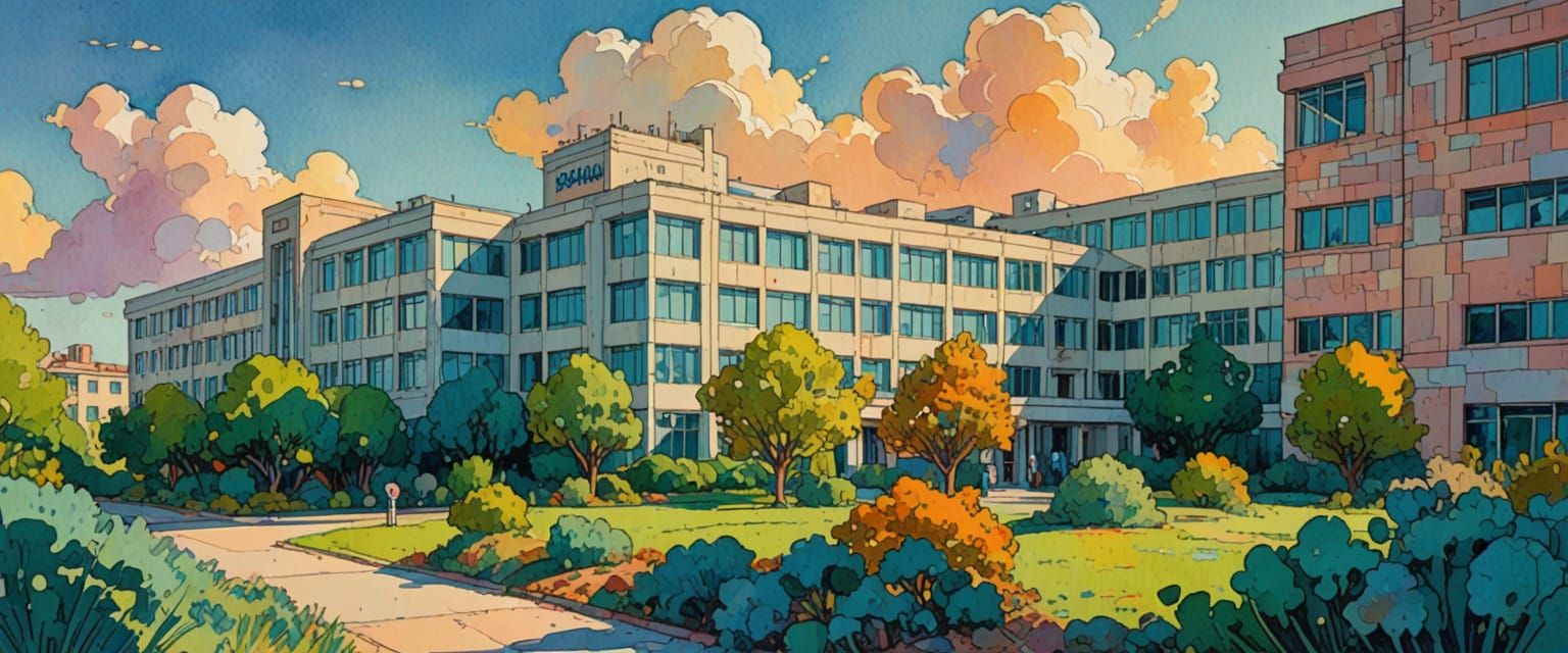 Hospital Building in Watercolor Comic Book Style