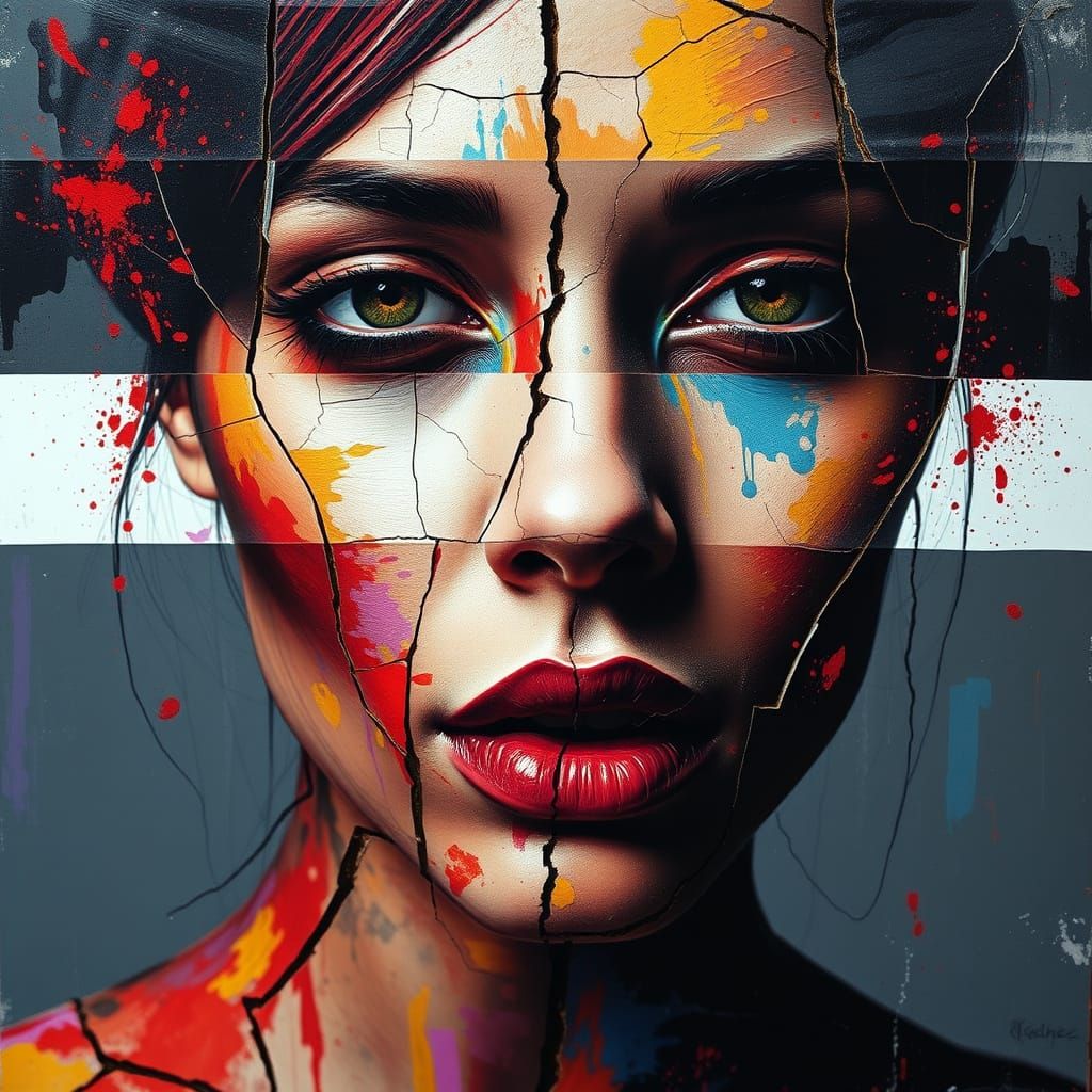 Abstract Portrait of Shattered Skin in Acid Colors