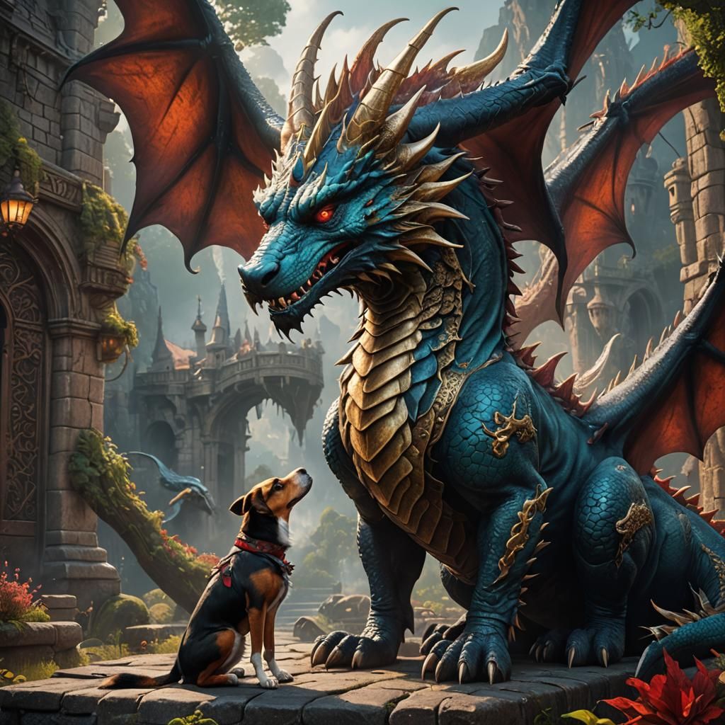 Dog Kisses Dragon in Detailed Fantasy Art