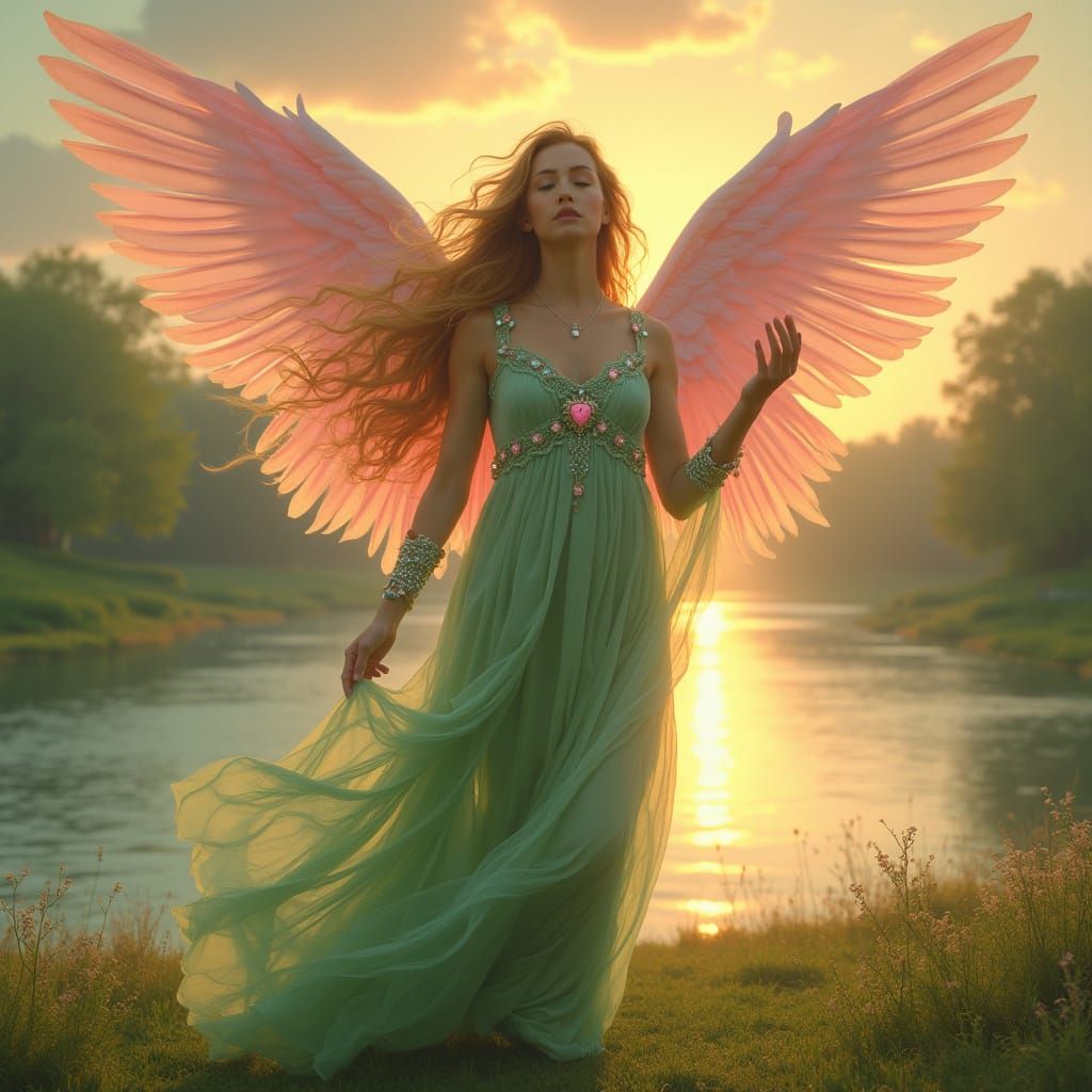 Angel of Compassion and Healing in a Lush Riverbank Setting