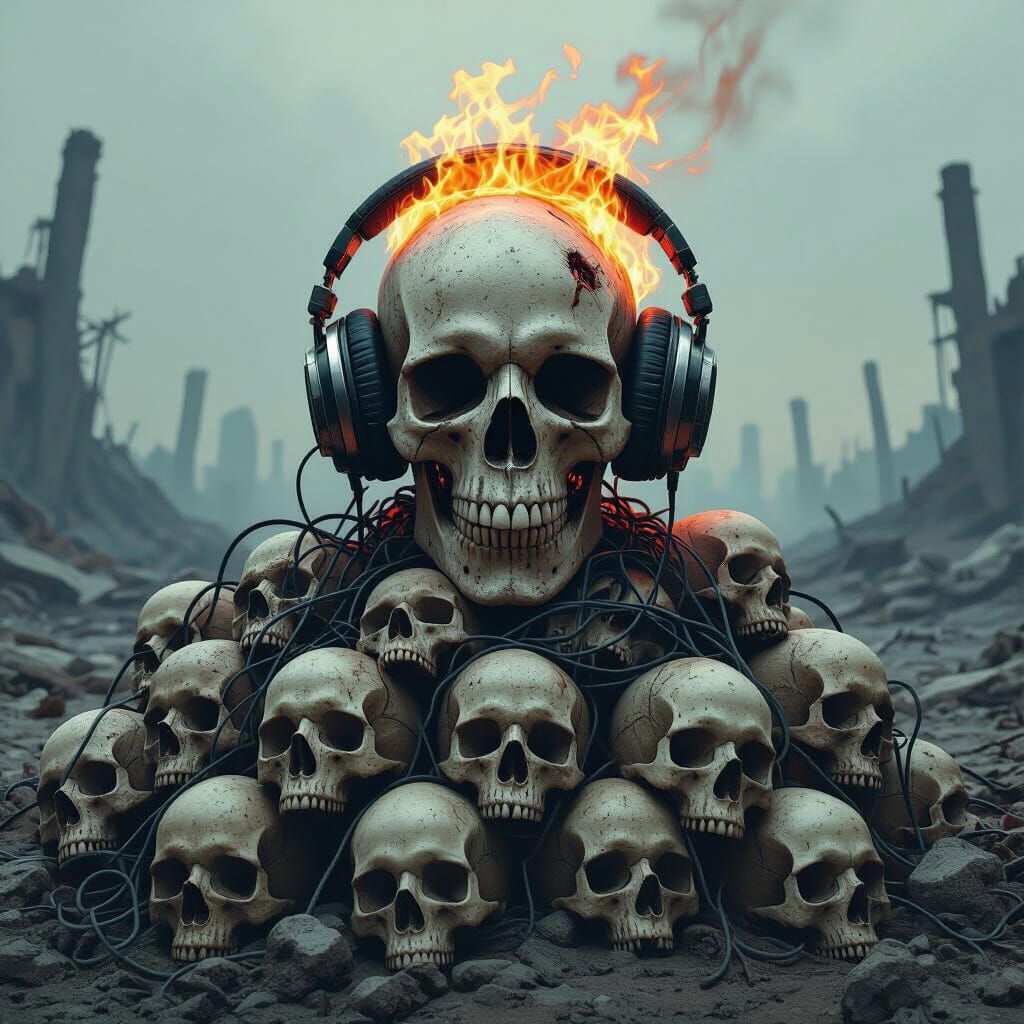 Flaming Skull in Post-Apocalyptic Landscape
