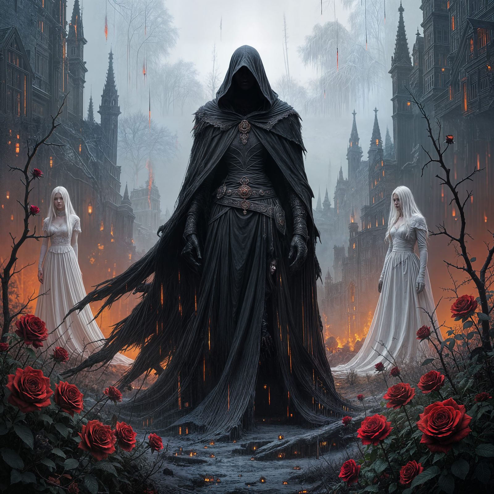 Mystical Figure in Gothic Landscape with Crimson Rain